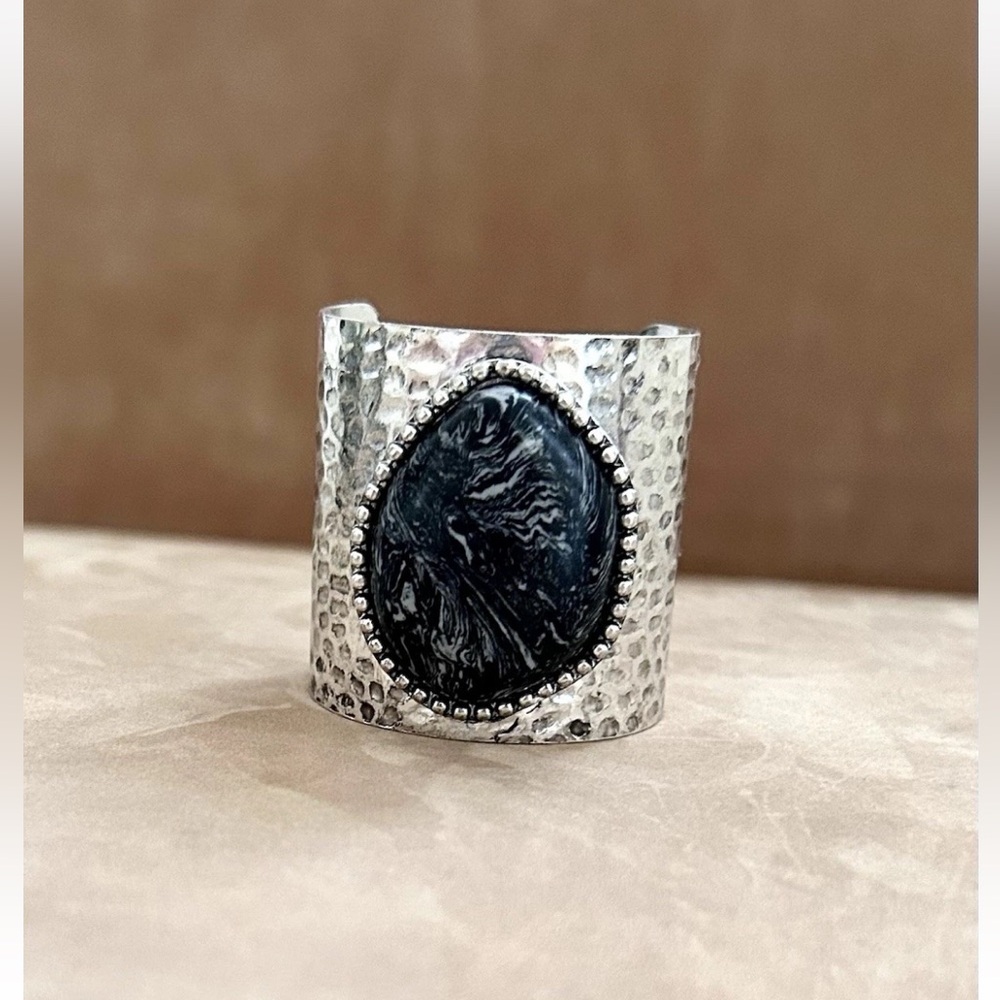 Free People Gloria Black Stone Silver Toned Metal Hair Pony Wrap NWOT